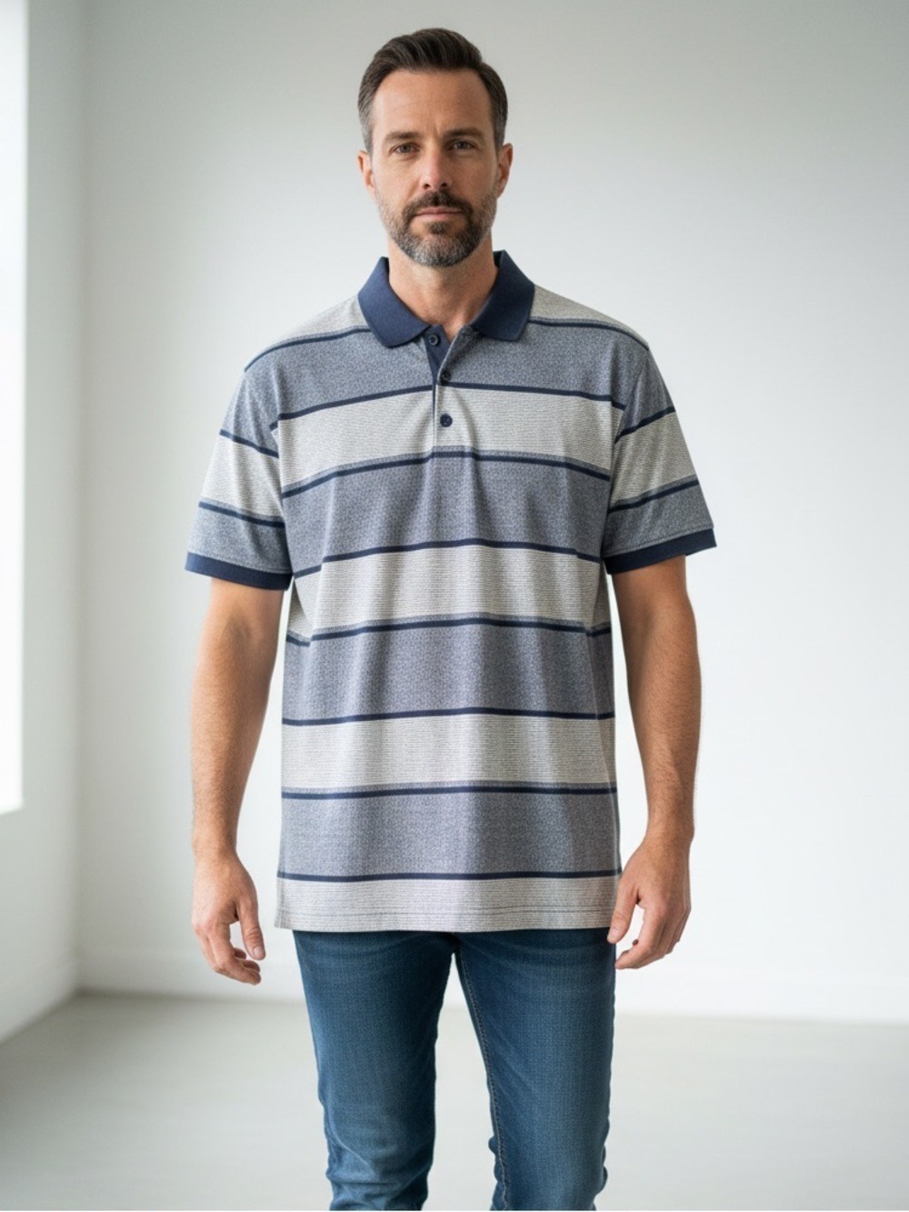 Red Rhino Men’s Large Striped Polo Shirt Blue Gray Textured Cotton Blend Casual